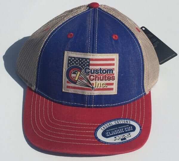 Custom chutes multi color hat in blue and red